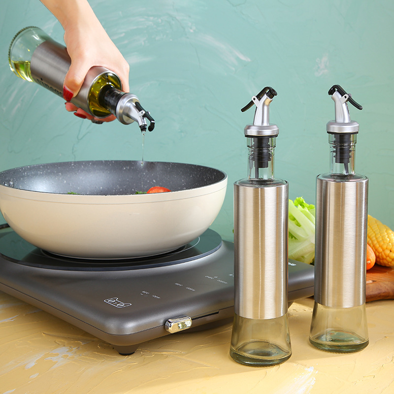 Stainless Steel Press Type Glass Oil Bottle Soy Sauce Bottle Oil Pot Leak-Proof 300ml Kitchen Glass Seasoning Bottle