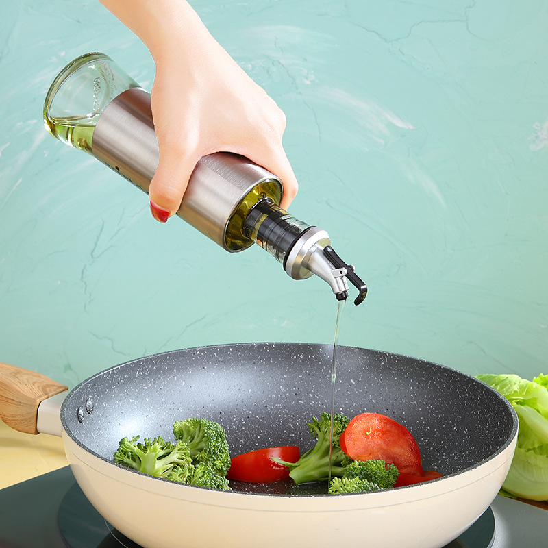 Stainless Steel Press Type Glass Oil Bottle Soy Sauce Bottle Oil Pot Leak-Proof 300ml Kitchen Glass Seasoning Bottle