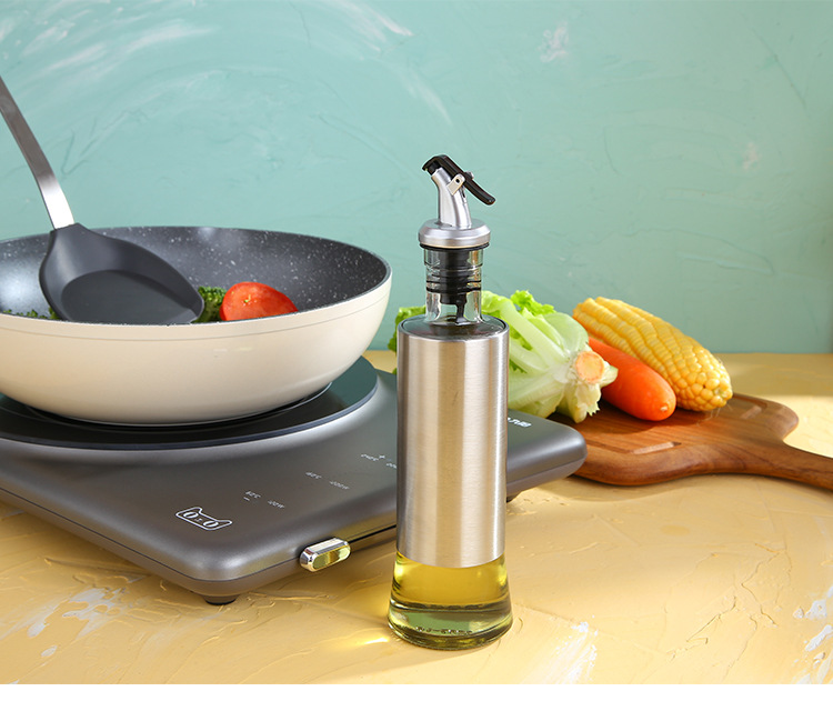 Stainless Steel Press Type Glass Oil Bottle Soy Sauce Bottle Oil Pot Leak-Proof 300ml Kitchen Glass Seasoning Bottle