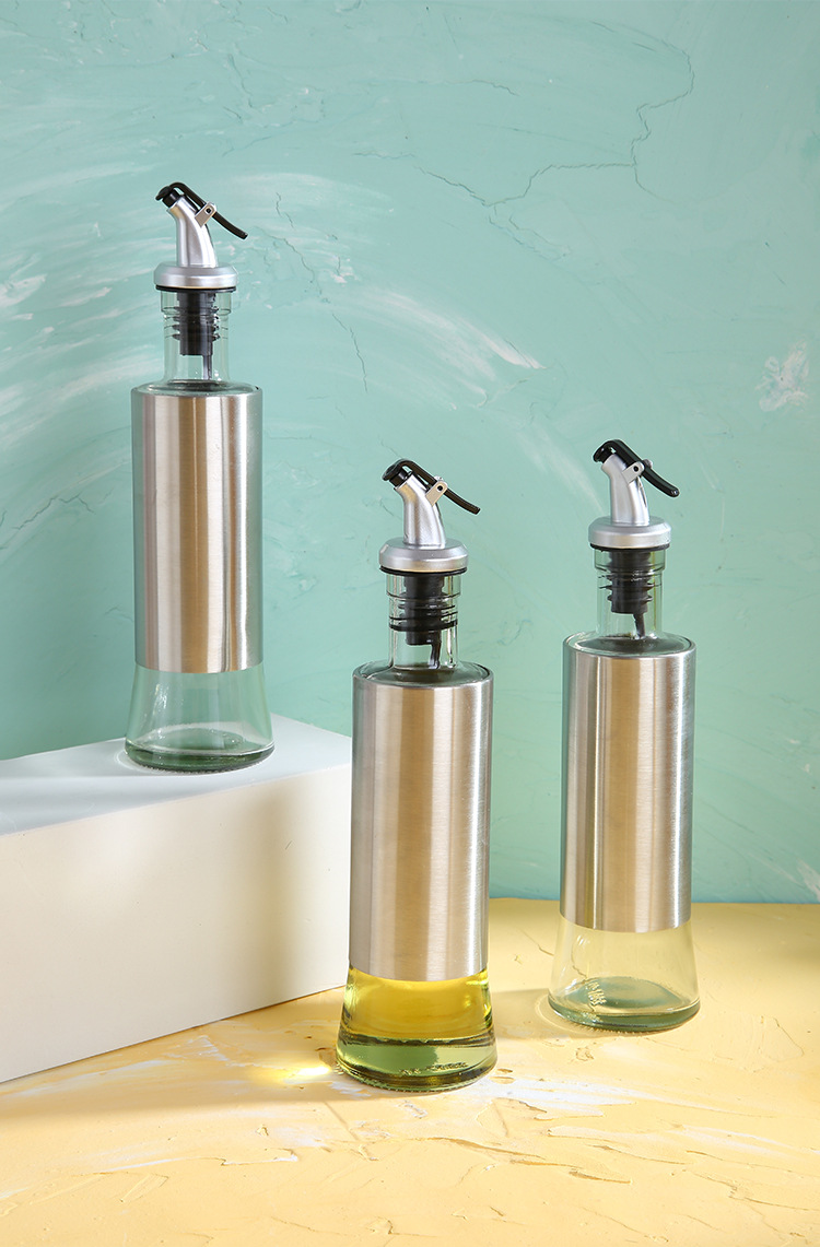 Stainless Steel Press Type Glass Oil Bottle Soy Sauce Bottle Oil Pot Leak-Proof 300ml Kitchen Glass Seasoning Bottle