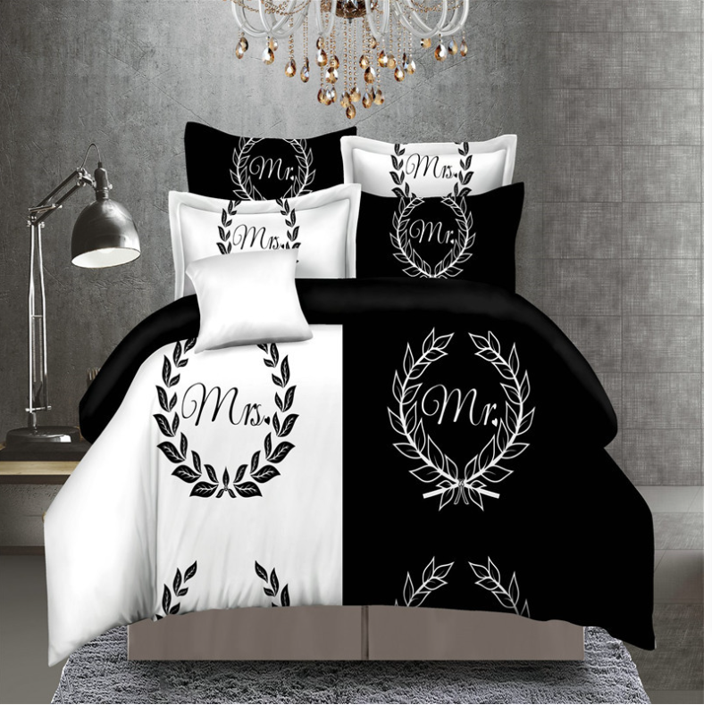 Simple personality modern wind black and white active printing four-piece bedding set 