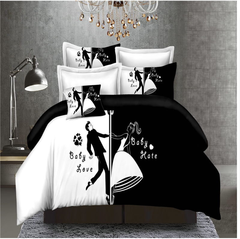 Simple personality modern wind black and white active printing four-piece bedding set 