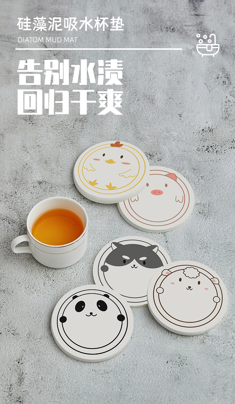 Japanese Cartoon Diatomite round Coaster Diatom Ooze Teacup Mat Absorbent Heat Insulation Moisture Proof Coffee Cup Mat Wholesale