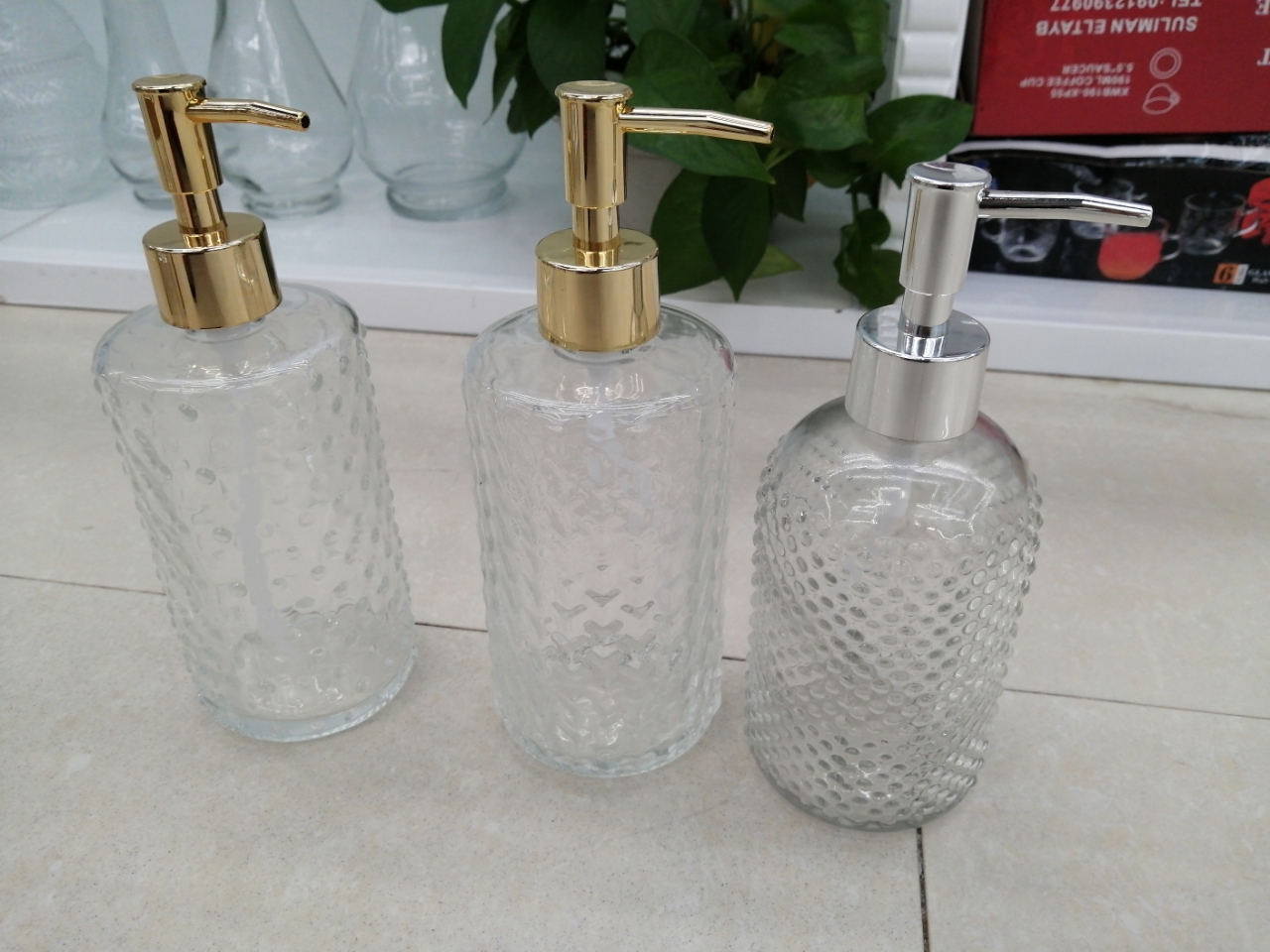 Hotel Home Bathroom Shower Gel Dispensing Gold and Silver Cover Glass Bottles Currently Available Sales
