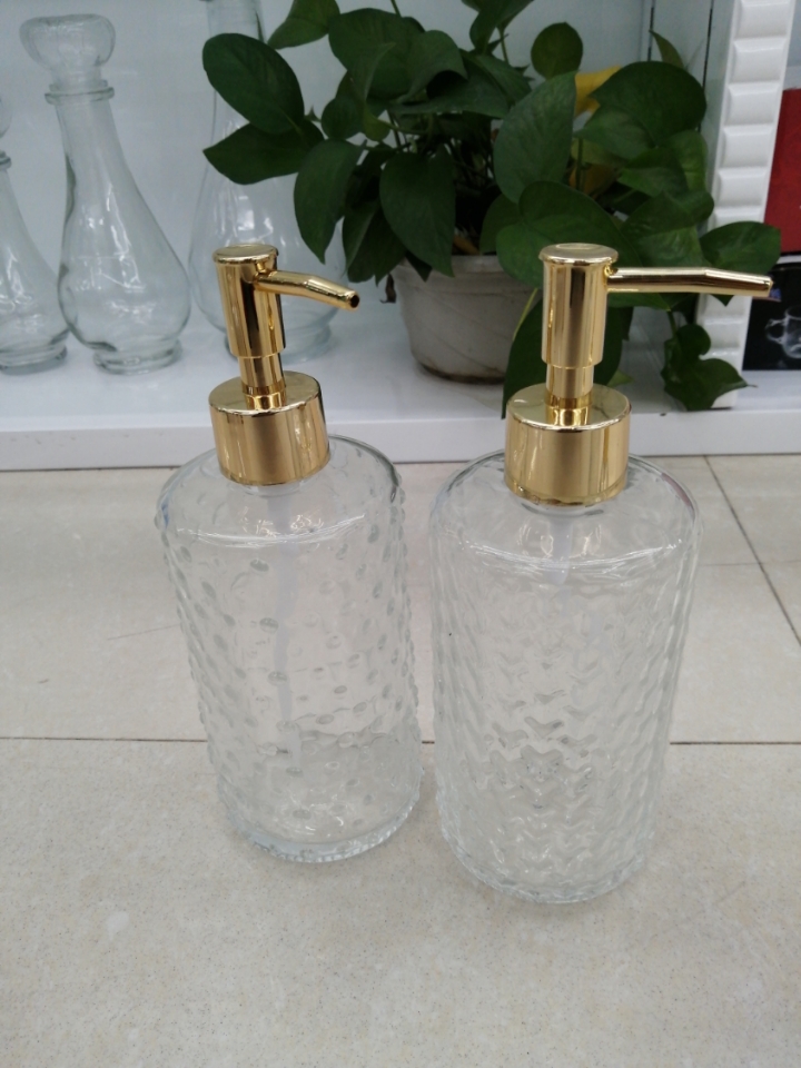 Hotel Home Bathroom Shower Gel Dispensing Gold and Silver Cover Glass Bottles Currently Available Sales