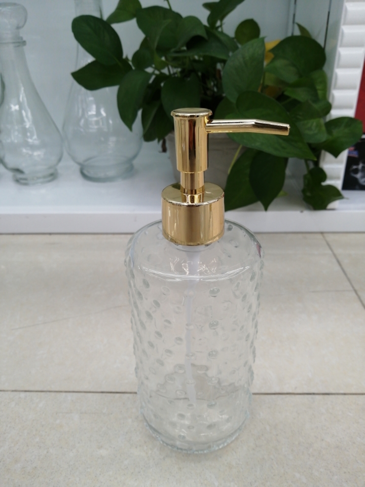 Hotel Home Bathroom Shower Gel Dispensing Gold and Silver Cover Glass Bottles Currently Available Sales