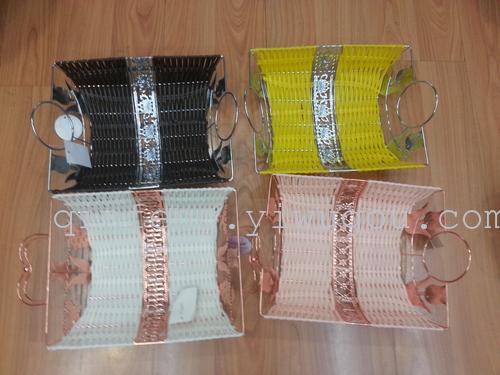 With a hollowed out metal film side glue Rattan Baskets stainless steel shelves Home Furnishing ornament storage basket
