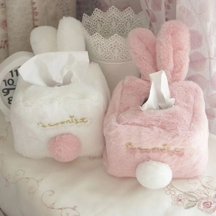 Soft and Adorable Cute Pink Rabbit Plush Tissue Cover Rabbit Ears Home Car Living Room Tissue Box Cartoon Tissue Box