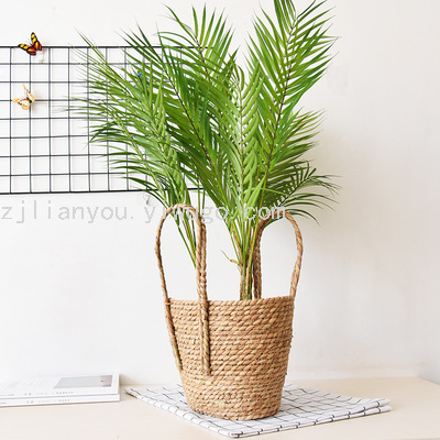 Nordic Hand-Woven Straw Baskets Flowerpot Woven Basket Flowerpot Decoration Living Room Rattan Storage Blue Frame