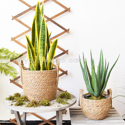 Nordic Hand-Woven Straw Baskets Flowerpot Woven Basket Flowerpot Decoration Living Room Rattan Storage Blue Frame