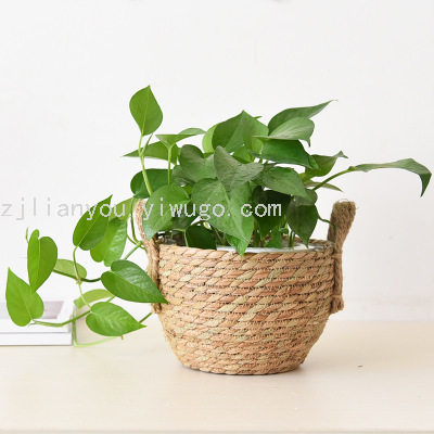 Nordic Hand-Woven Straw Baskets Flowerpot Woven Basket Flowerpot Decoration Living Room Rattan Storage Blue Frame
