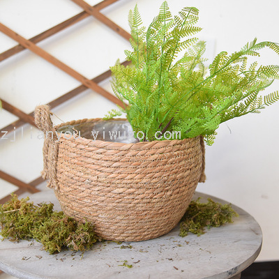 Nordic Hand-Woven Straw Baskets Flowerpot Woven Basket Flowerpot Decoration Living Room Rattan Storage Blue Frame