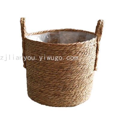 Nordic Hand-Woven Straw Baskets Flowerpot Woven Basket Flowerpot Decoration Living Room Rattan Storage Blue Frame