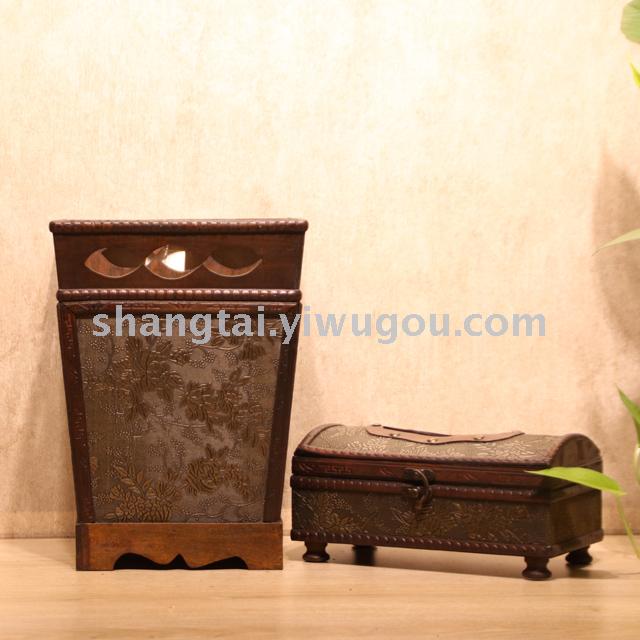 Retro Wood Trash Can Wastebasket Tissue Box Set Flower Device 9213-80
