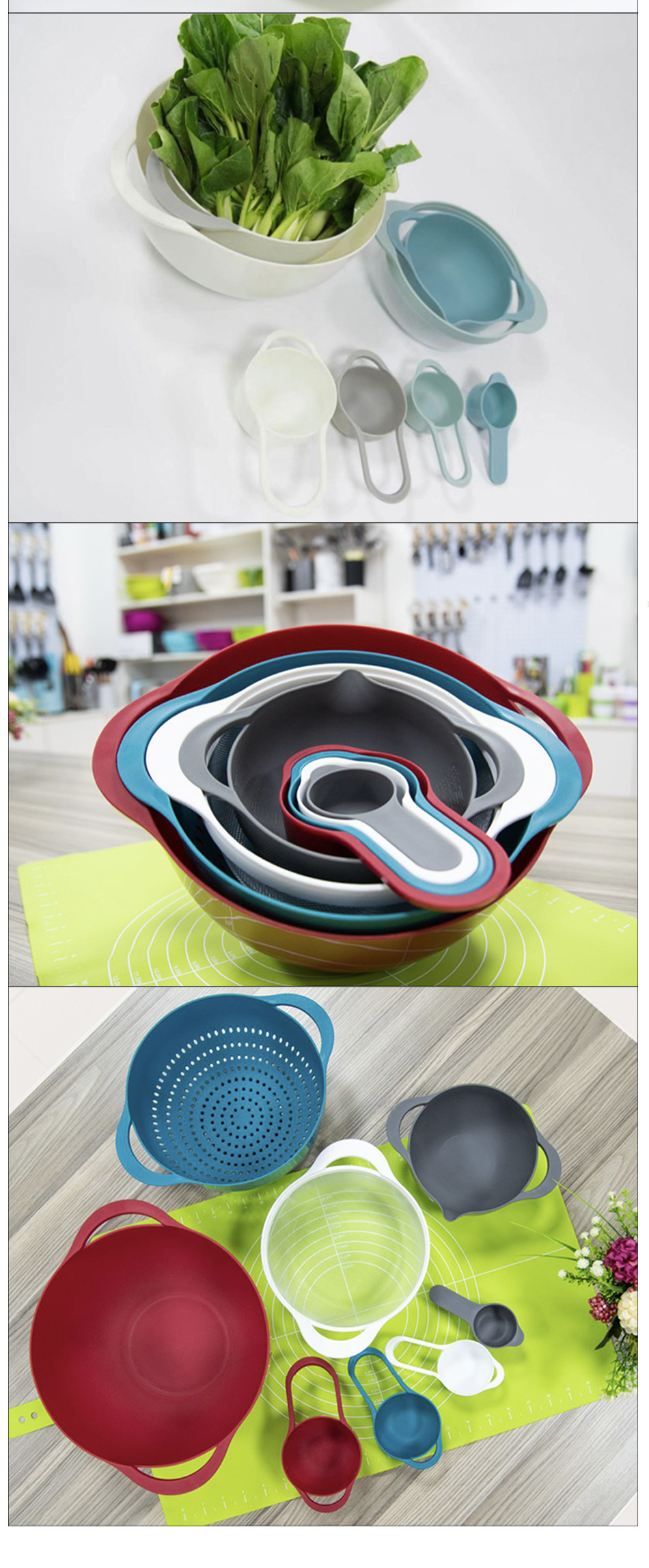 Yi Measuring Spoon Plastic Measuring Cups 8Piece Set Rainbow Bowl Multifunctional Washing Vegetable Basket Powder Sieve