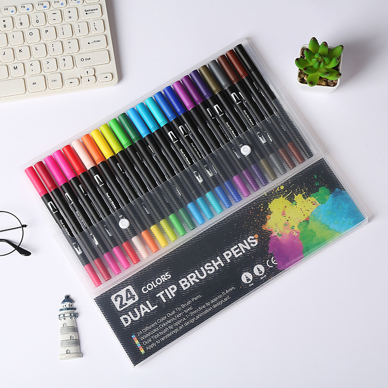Amazon Hot Black Stick Double-Headed Mark Watercolor Pen Student Color Hook Brush Only for Art Set Batch