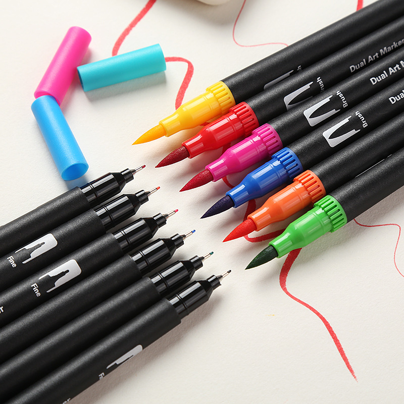 Amazon Hot Black Stick Double-Headed Mark Watercolor Pen Student Color Hook Brush Only for Art Set Batch