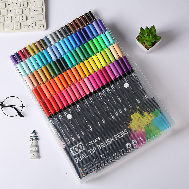 Amazon Hot Black Stick Double-Headed Mark Watercolor Pen Student Color Hook Brush Only for Art Set Batch