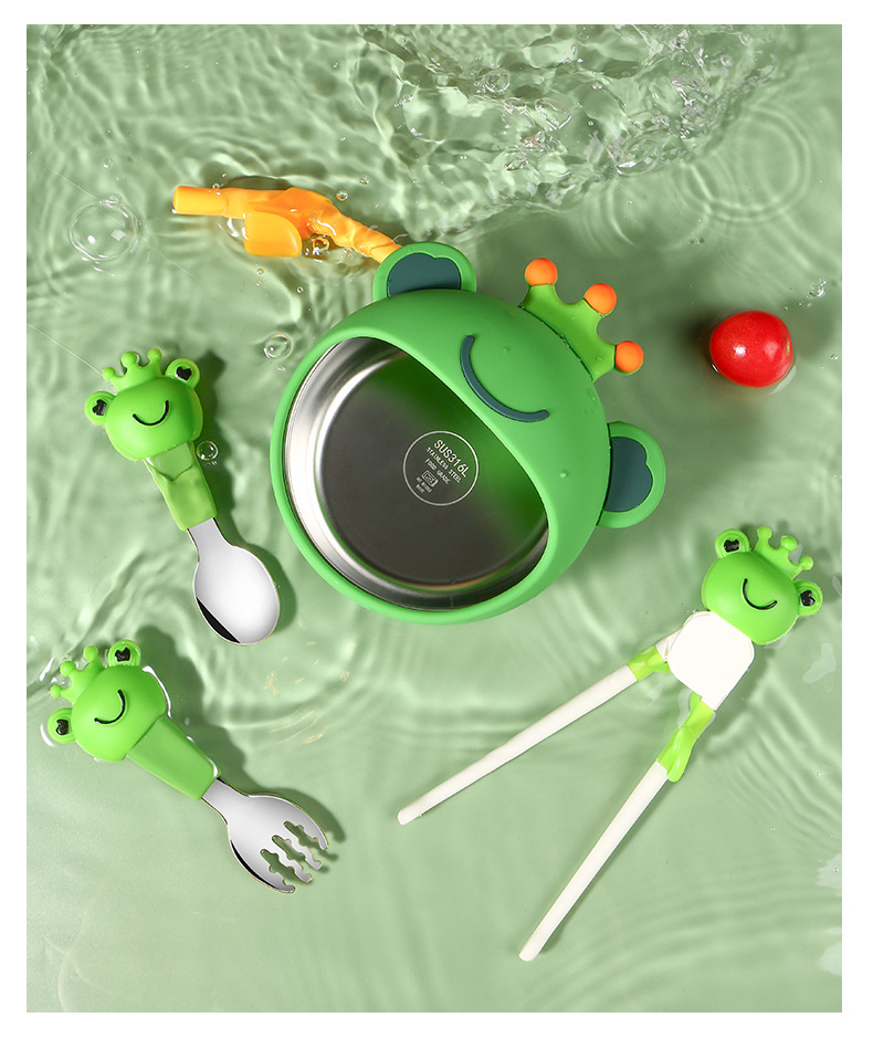 Children's Liquid Silicone Bowl Set Frog Cartoon Baby Rice Bowl Complementary Food with Straw Training Tableware