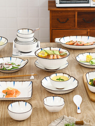 Blue and Japanese Style Tableware Ceramic Bowl and Dish Set Household Internet Celebrity Light Luxury High-End Baking Pan Bamboo Hat Noodle Bowl Ins Style