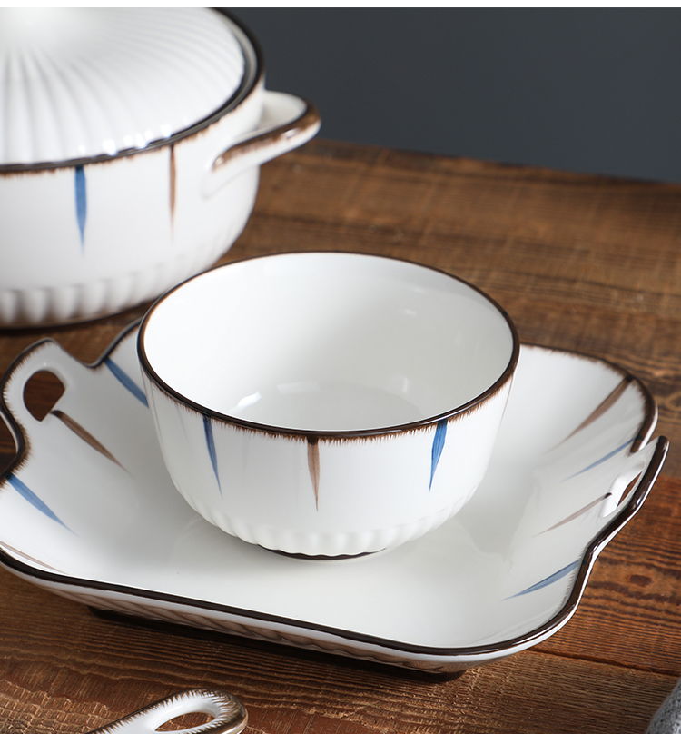 Blue and Japanese Style Tableware Ceramic Bowl and Dish Set Household Internet Celebrity Light Luxury High-End Baking Pan Bamboo Hat Noodle Bowl Ins Style