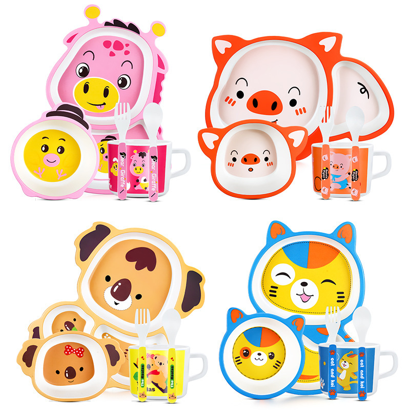 Zhimido Children Bamboo fiber Tableware set Baby Rice Bowl with Separate plates Baby Store Early education Kindergarten Gift