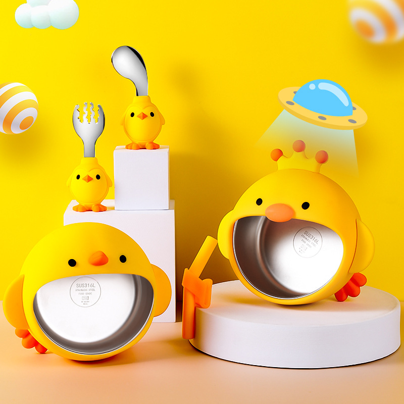 Children&#039;s Silicone Bowl Set Yellow Chicken Cartoon Baby Stainless Steel Eating Bowl Training Fork Spoon Complementary Food Training Tableware