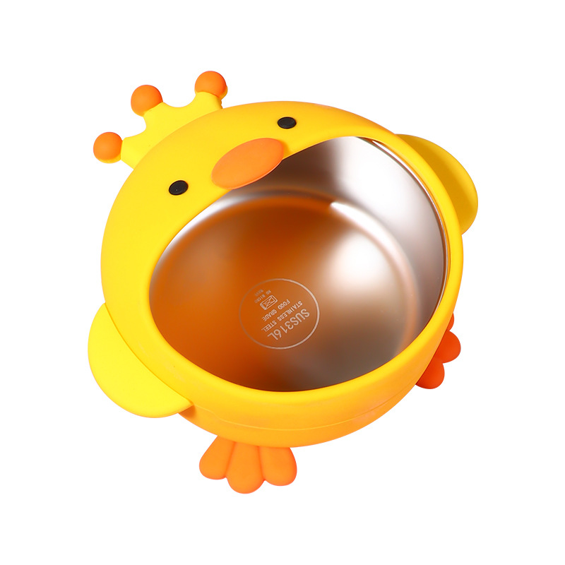Children&#039;s Silicone Bowl Set Yellow Chicken Cartoon Baby Stainless Steel Eating Bowl Training Fork Spoon Complementary Food Training Tableware