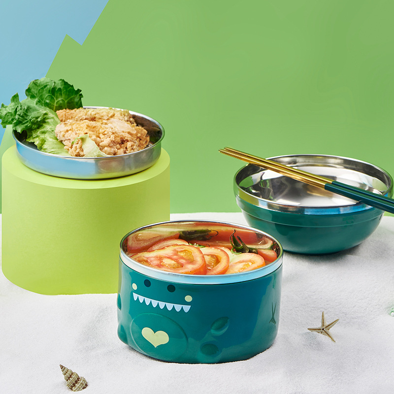 304 Stainless Steel Dinosaur Instant Noodle Bowl Double-Layer Large Capacity College Student Dormitory Instant Noodle Bowl Portable Portable Fast Food Cup