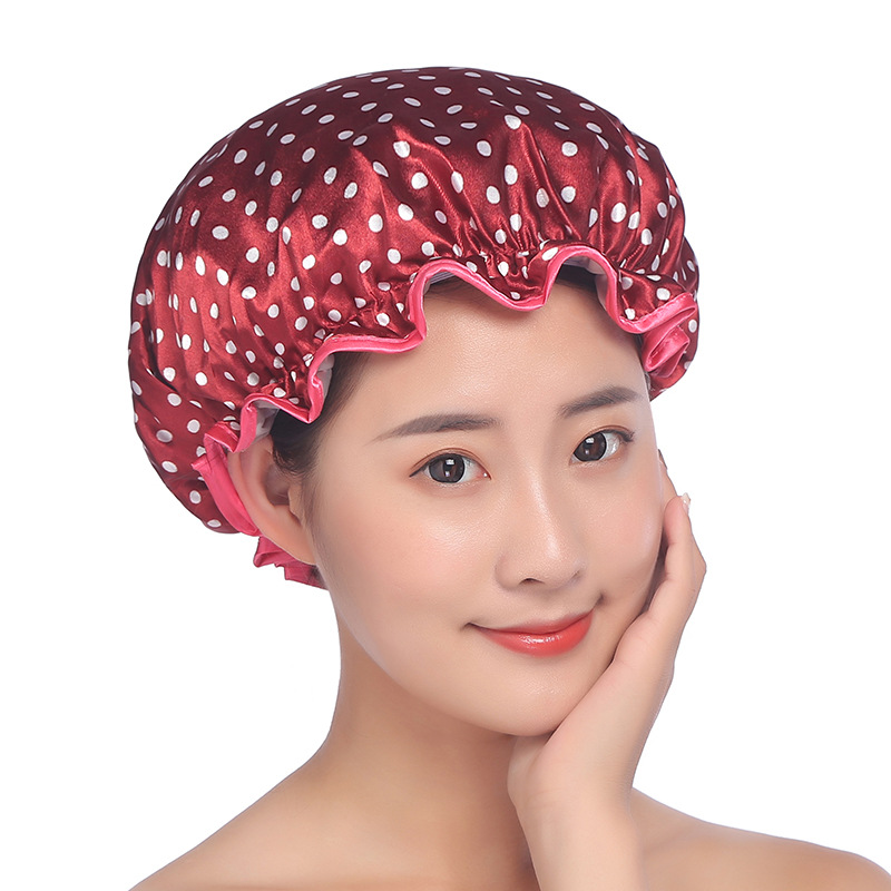 Korean version of double color butyl bath cap small dot EVA waterproof thickened lace satin fabric adult bath cap