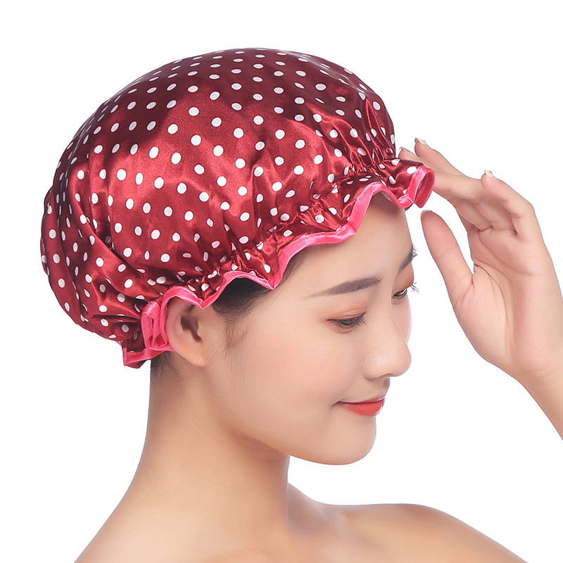 Korean version of double color butyl bath cap small dot EVA waterproof thickened lace satin fabric adult bath cap