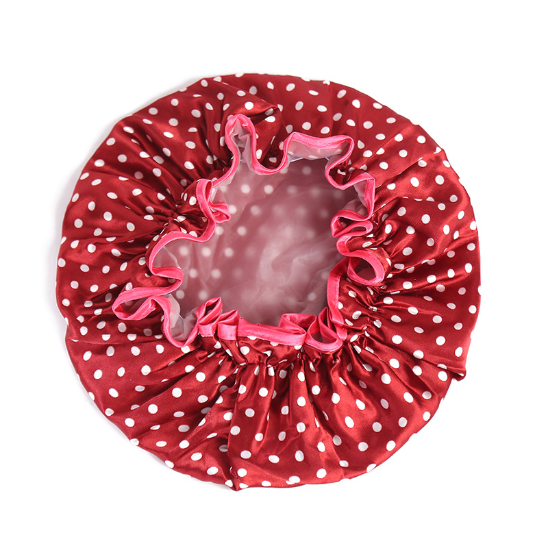 Korean version of double color butyl bath cap small dot EVA waterproof thickened lace satin fabric adult bath cap