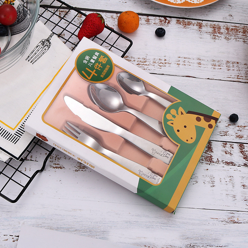 304 Stainless Steel Children &#039;S Knife, Fork And Spoon Four-Piece Set Maternal And Infant Store Western Tableware Cartoon Pattern Gift Souvenirs