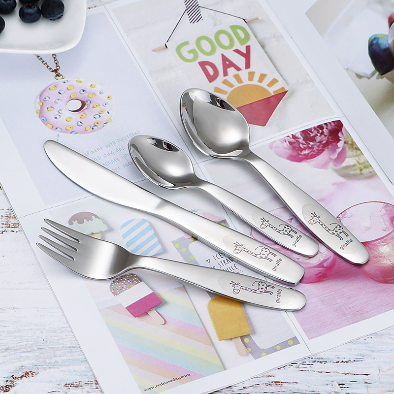 304 Stainless Steel Children &#039;S Knife, Fork And Spoon Four-Piece Set Maternal And Infant Store Western Tableware Cartoon Pattern Gift Souvenirs