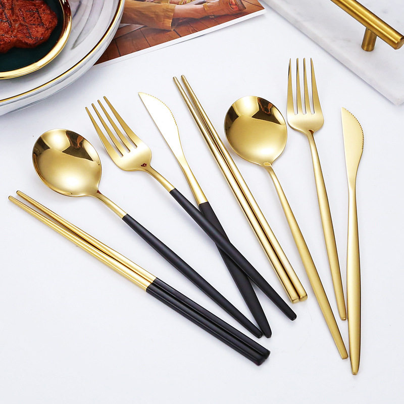 304 Stainless Steel Tableware Flat Portuguese Series Spoon Chopsticks Western Food Steak Knife and Fork Set Internet Celebrity Dessert Spoon