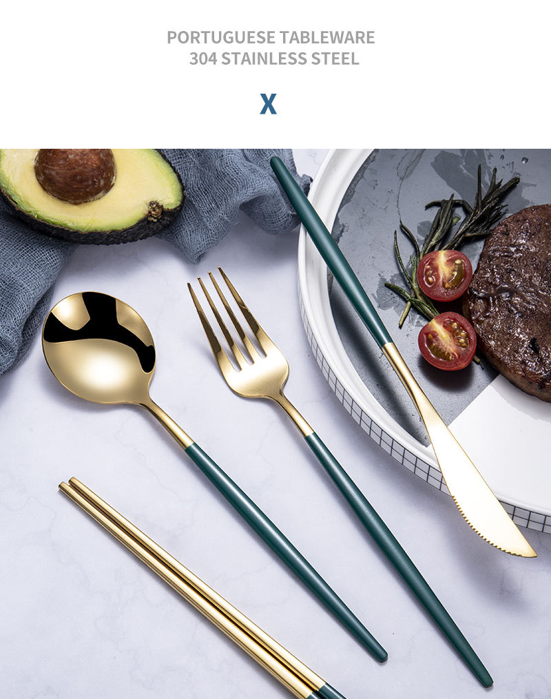 304 Stainless Steel Tableware Flat Portuguese Series Spoon Chopsticks Western Food Steak Knife and Fork Set Internet Celebrity Dessert Spoon
