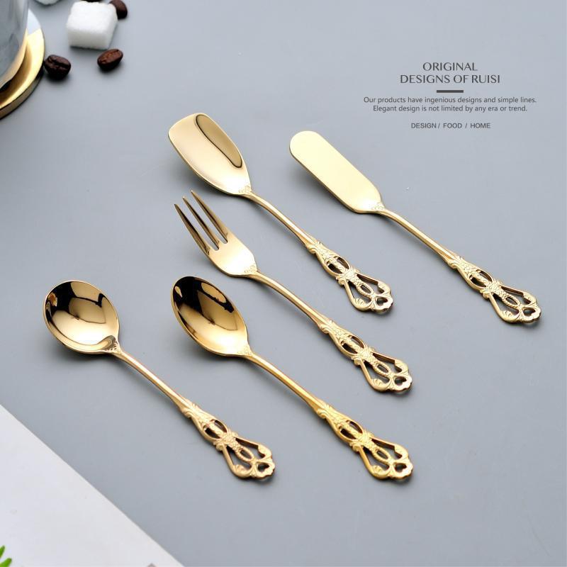 304 Stainless Steel Court Vintage Hollow Relief Tableware Coffee Stir Spoon Dessert Small Spoon Fruit Small Fork