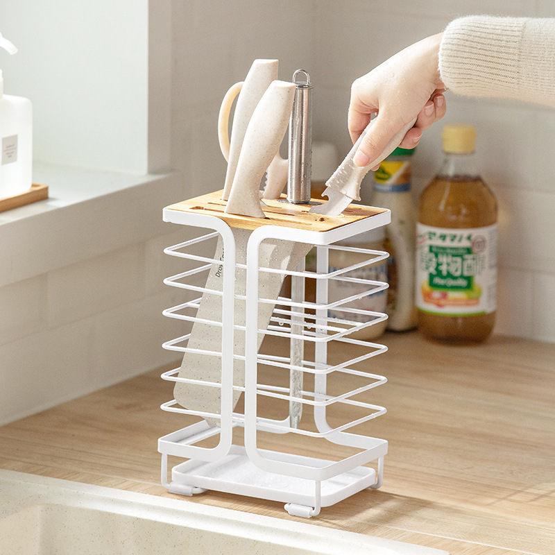 Nachuan Kitchen Knife Rack Iron Draining Knife Rack with Tray Whole Countertop Kitchen Knife Fruit Knife Storage Rack