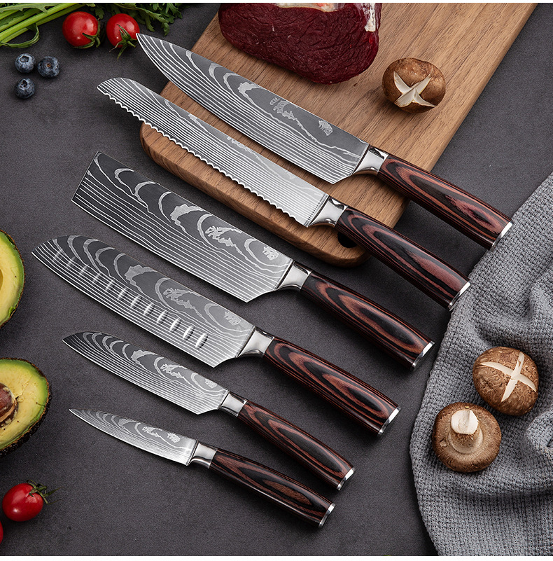 Pattern Chef Knife Laser Pattern Western Food Chef Knife Kitchen Knife Santoku Knife Universal Knife Combination Set