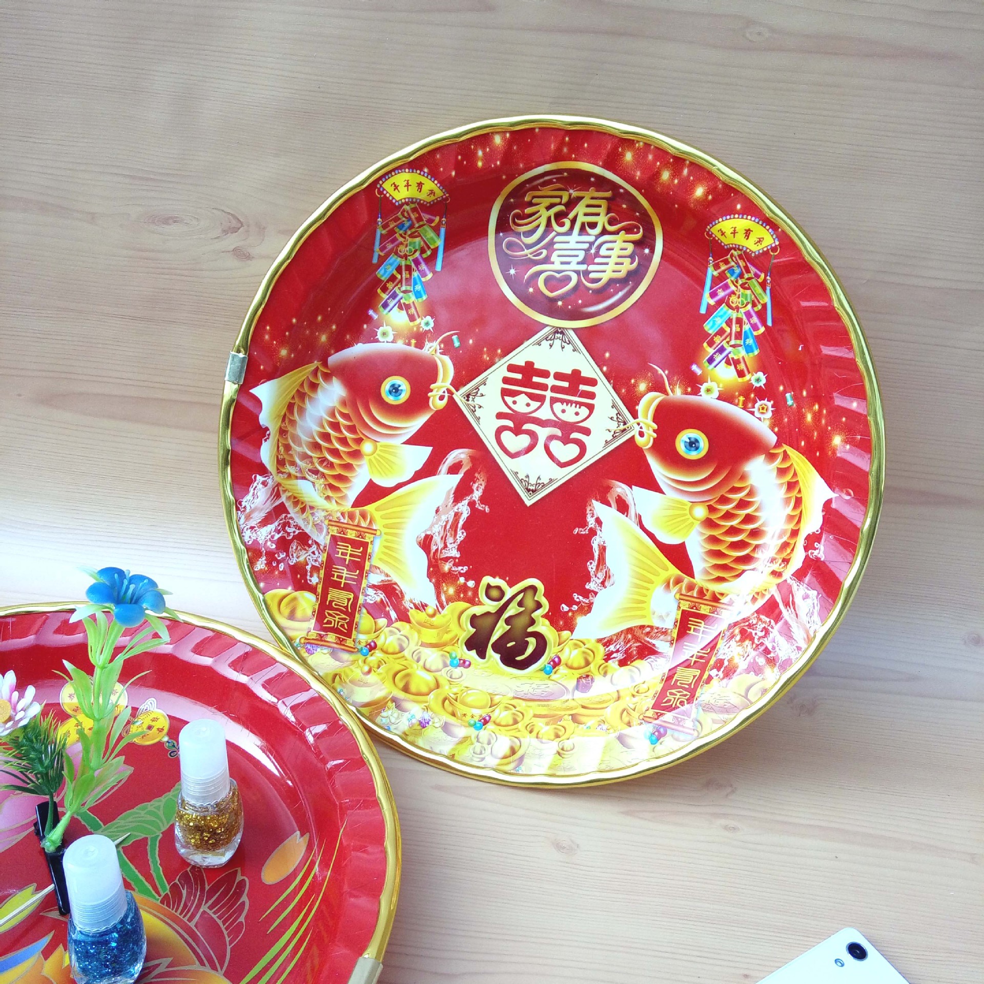 Golden Edge Red Xi Fruit Plate Creative Snack Candy Storage Living Room Coffee Table Household Decorative Plastic Large Fruit Basin
