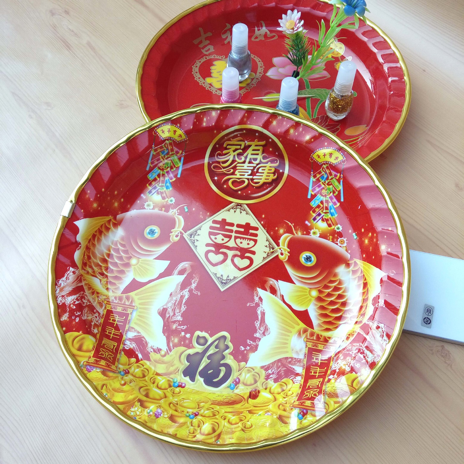 Golden Edge Red Xi Fruit Plate Creative Snack Candy Storage Living Room Coffee Table Household Decorative Plastic Large Fruit Basin
