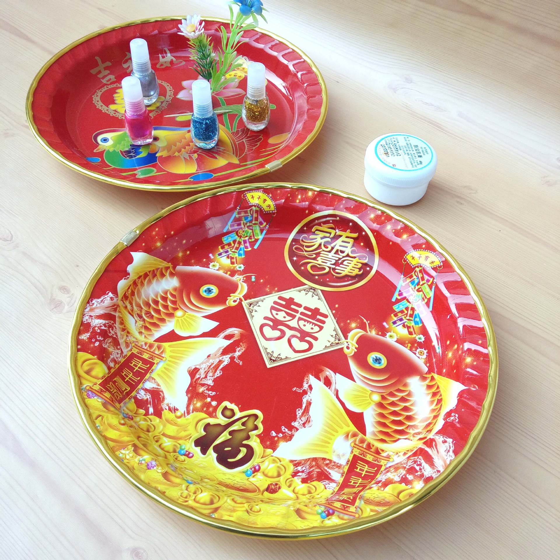 Golden Edge Red Xi Fruit Plate Creative Snack Candy Storage Living Room Coffee Table Household Decorative Plastic Large Fruit Basin
