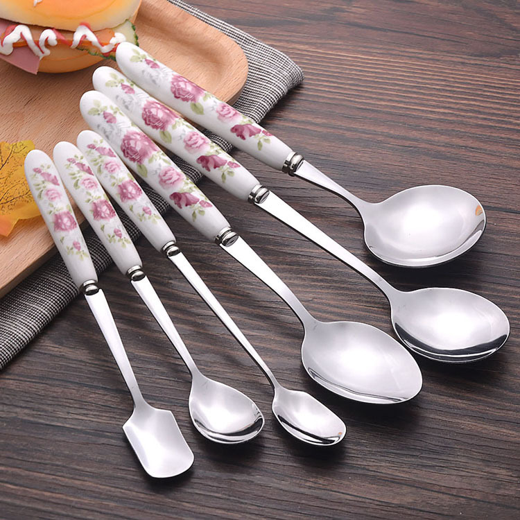 Korean ceramic handle thickened stainless steel rice spoon long handle spoon pointed spoon, soup spoon, household supermarket spoon, tableware