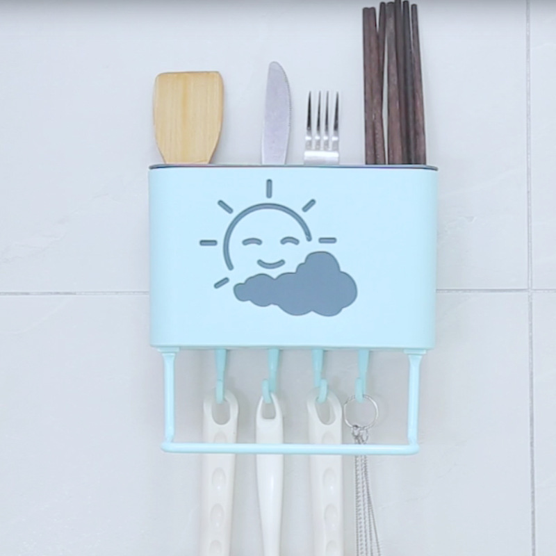 Seamless with Rod Chopsticks Cage Multi-Functional Two-Color No Trace Stickers Chopsticks Holder Removable and Washable Kitchen Chopsticks Box with Hook Rag Rack