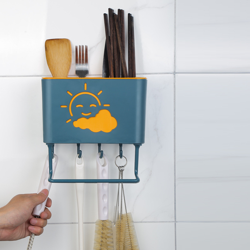 Seamless with Rod Chopsticks Cage Multi-Functional Two-Color No Trace Stickers Chopsticks Holder Removable and Washable Kitchen Chopsticks Box with Hook Rag Rack