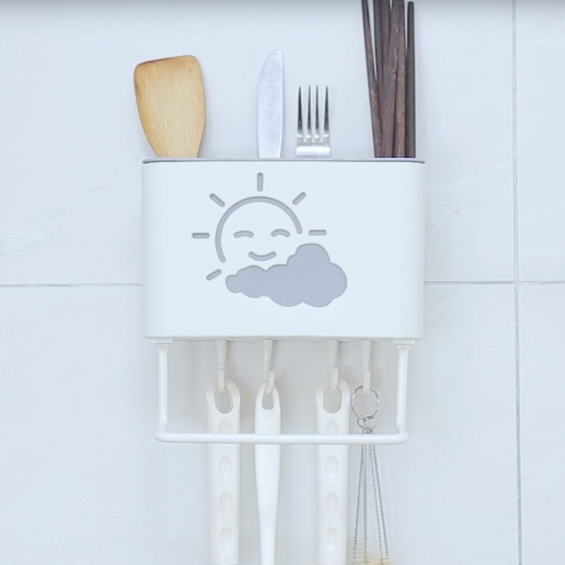 Seamless with Rod Chopsticks Cage Multi-Functional Two-Color No Trace Stickers Chopsticks Holder Removable and Washable Kitchen Chopsticks Box with Hook Rag Rack