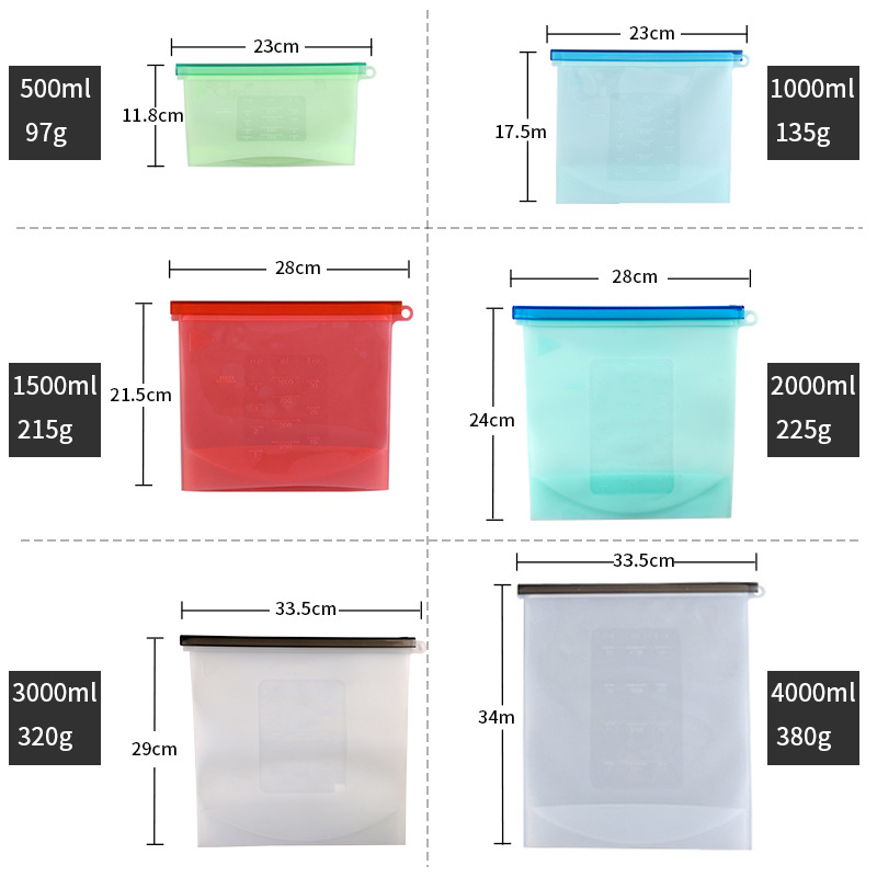 Cross-border food silicone plastic bag divided into storage bag Kitchen supplies 1000ML plastic bag 4-piece set