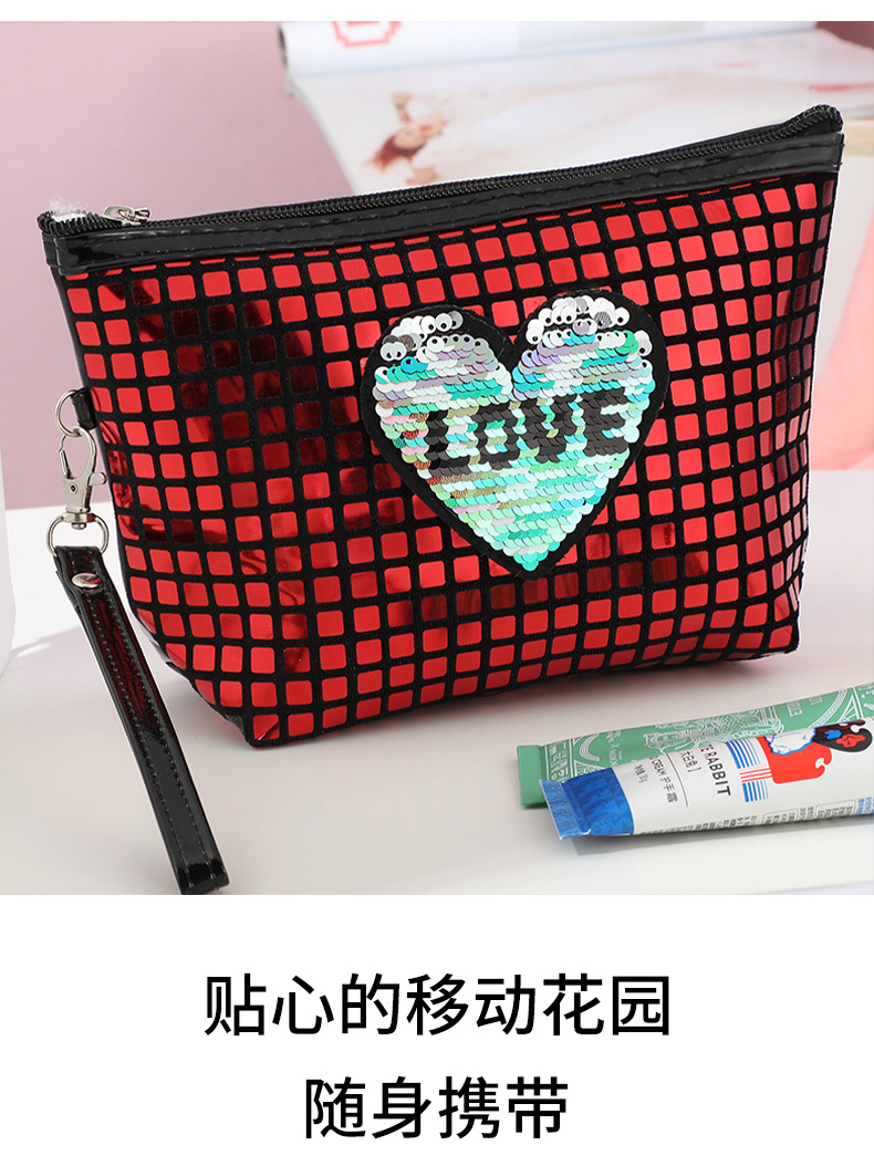 European and American Plaid Pattern Sequins Cosmetic Bag Portable PVC Portable Toiletry Bag Zipper Personalized Storage Bag Wholesale