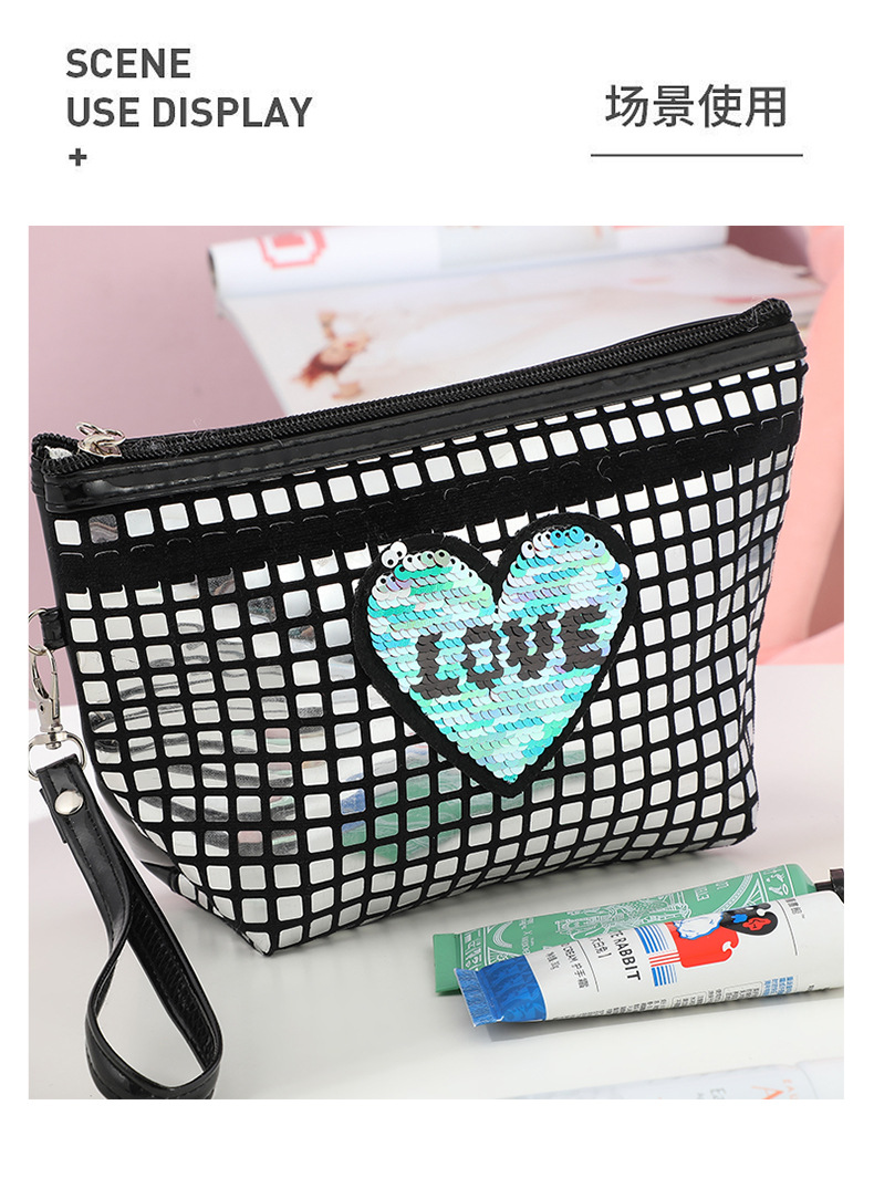 European and American Plaid Pattern Sequins Cosmetic Bag Portable PVC Portable Toiletry Bag Zipper Personalized Storage Bag Wholesale
