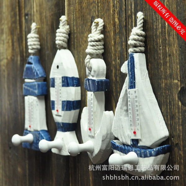 Mediterranean Solid Wood Hook Thermometer Household Pendant Ocean Wall Coat hook MA09019